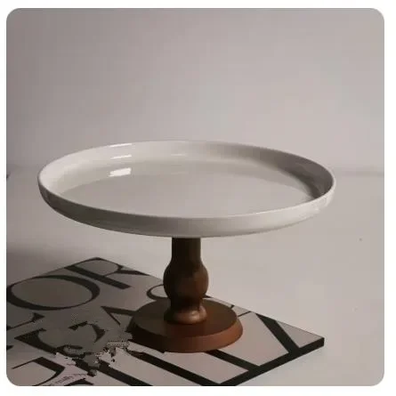 French Vintage Ceramic High-Foot Plate Wooden High-Foot Ceramic Plate Cake Plate Fruit Plate Household Advanced Ornaments