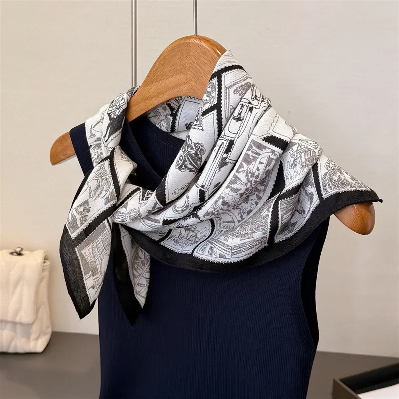 الفاخرة خمر طوابع طباعة وشاح مربع المرأة القطن الكتان الشعور هيرباند منديل التعادل الإناث عقال Foulard #3