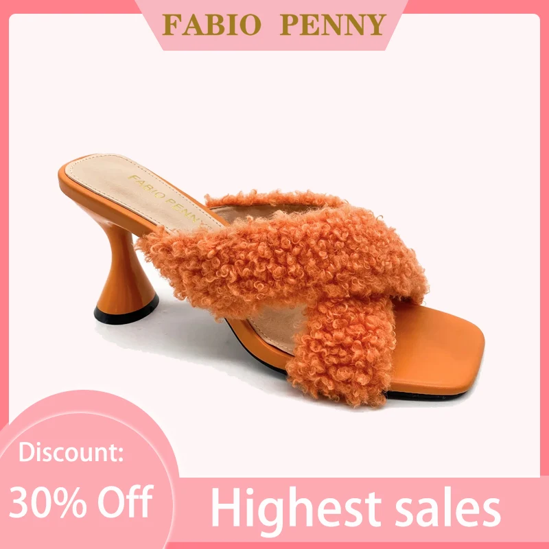 FABIO PENNY  Women's Shoes Cross Belt With Velvet Square head Dinner Party High Heels Wear women slippers and sandals