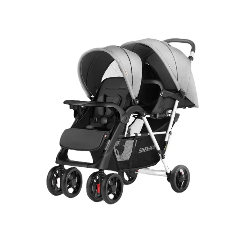 Luxury Double Stroller Folding Portable Twin Baby Stroller Lying and Seating Shock Absorption Newborn Double Seat Strollers