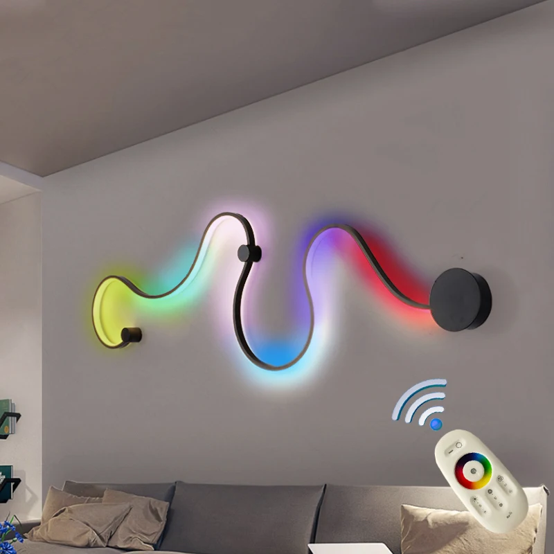 Modern Remote Control RGB Wall Lamps Iron Black White S-shaped Creative Track Wall light fixtures for decoration salon luminaria