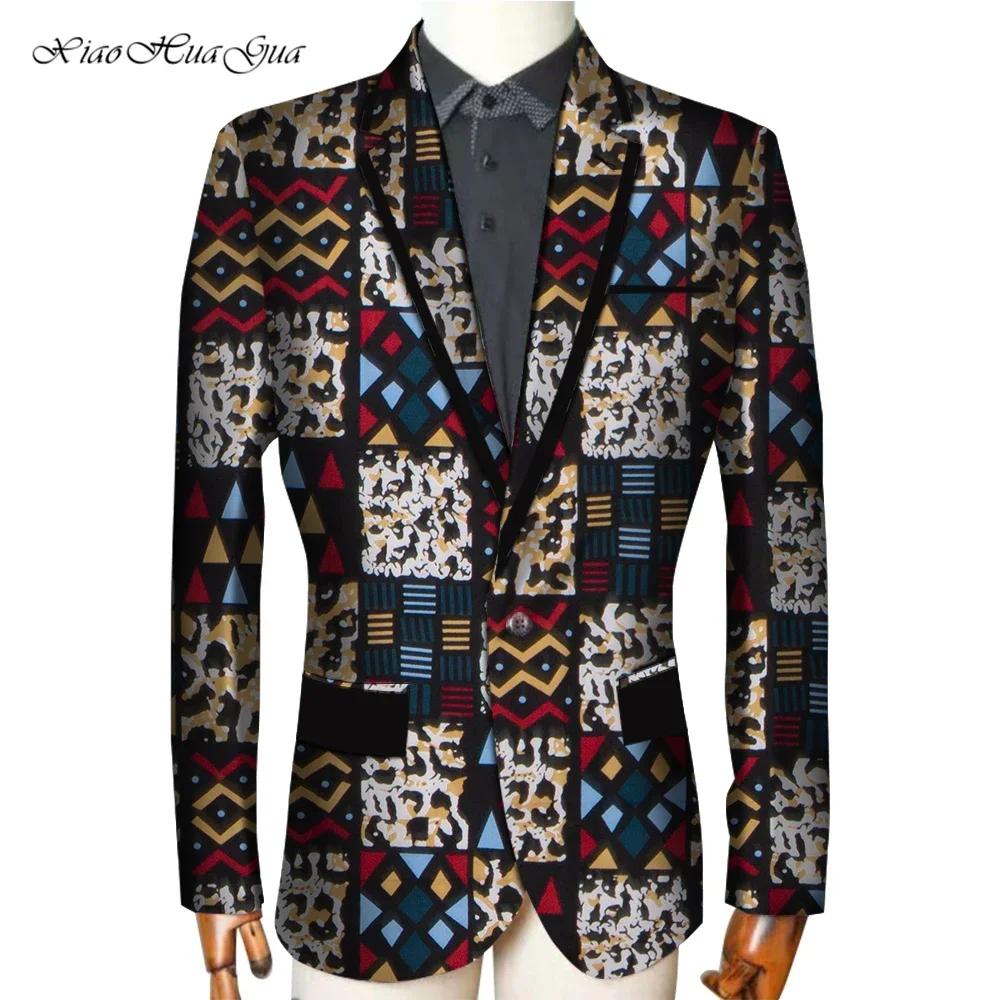 Fancy Blazer African Men Blazer Bazin Riche Traditional Print Tops Coat Blazer Cotton Men African Clothes V-neck Wax WYN166