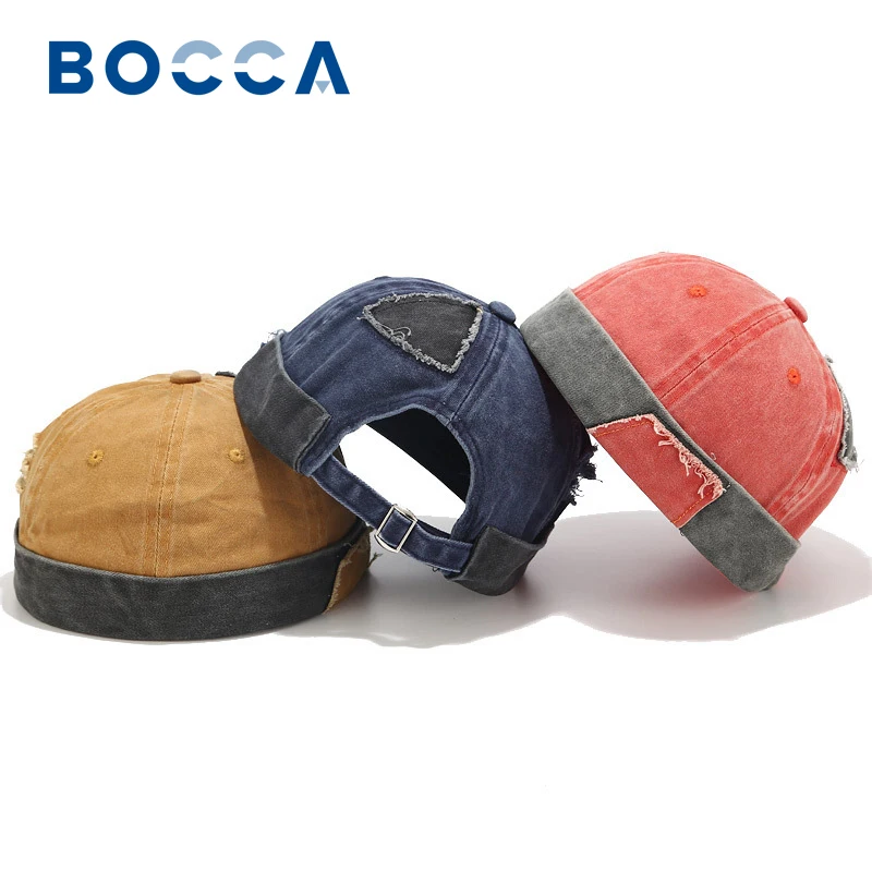 Bocca Splicing Color Docker Cap Without Visor Brimless Cap Washing Adjustable Beanies Skullcap Hat For Men Women Vintage Hip Hop