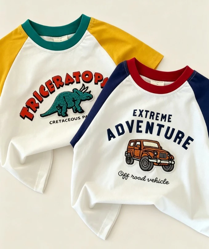 Kids Raglan Sleeve T Shirt Boys Girls Summer Casual Cotton Top With Panda Burger Embroidery Prints For Daily Wear Toddler Tees