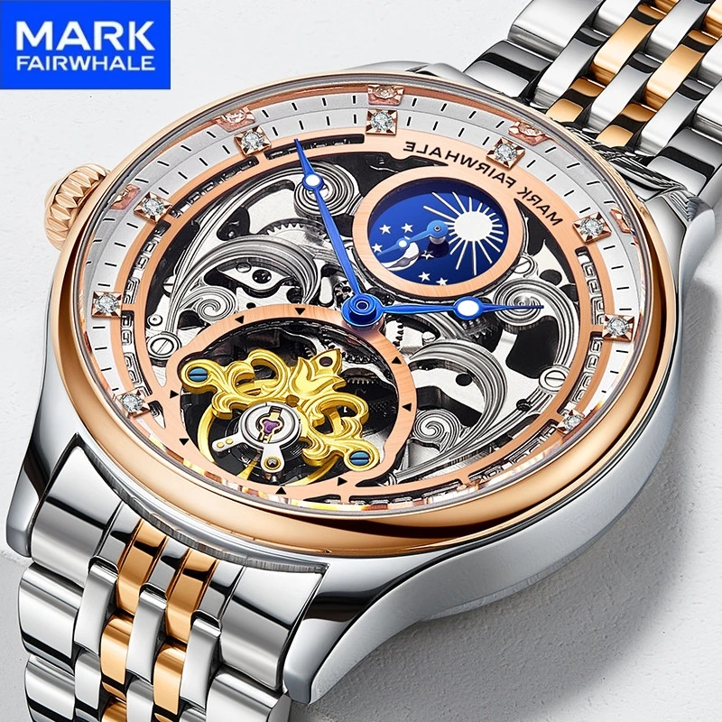 Mark Fairwhale Luxury Diamond Carved Dial Automatic Mechanical Movement Skeleton Moon Phase Fashion Watch for men reloj hombre