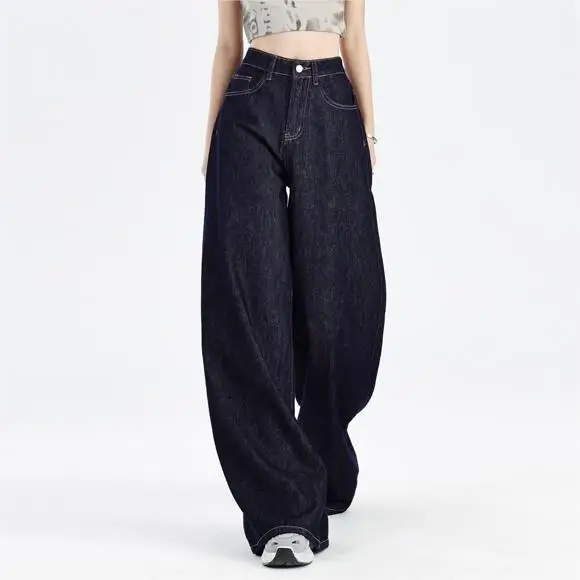 Women's Navy Blue High Waist Jeans Vintage American Wide Leg Denim Pants Slimming Straight Cut Loose Casual Summer Fall