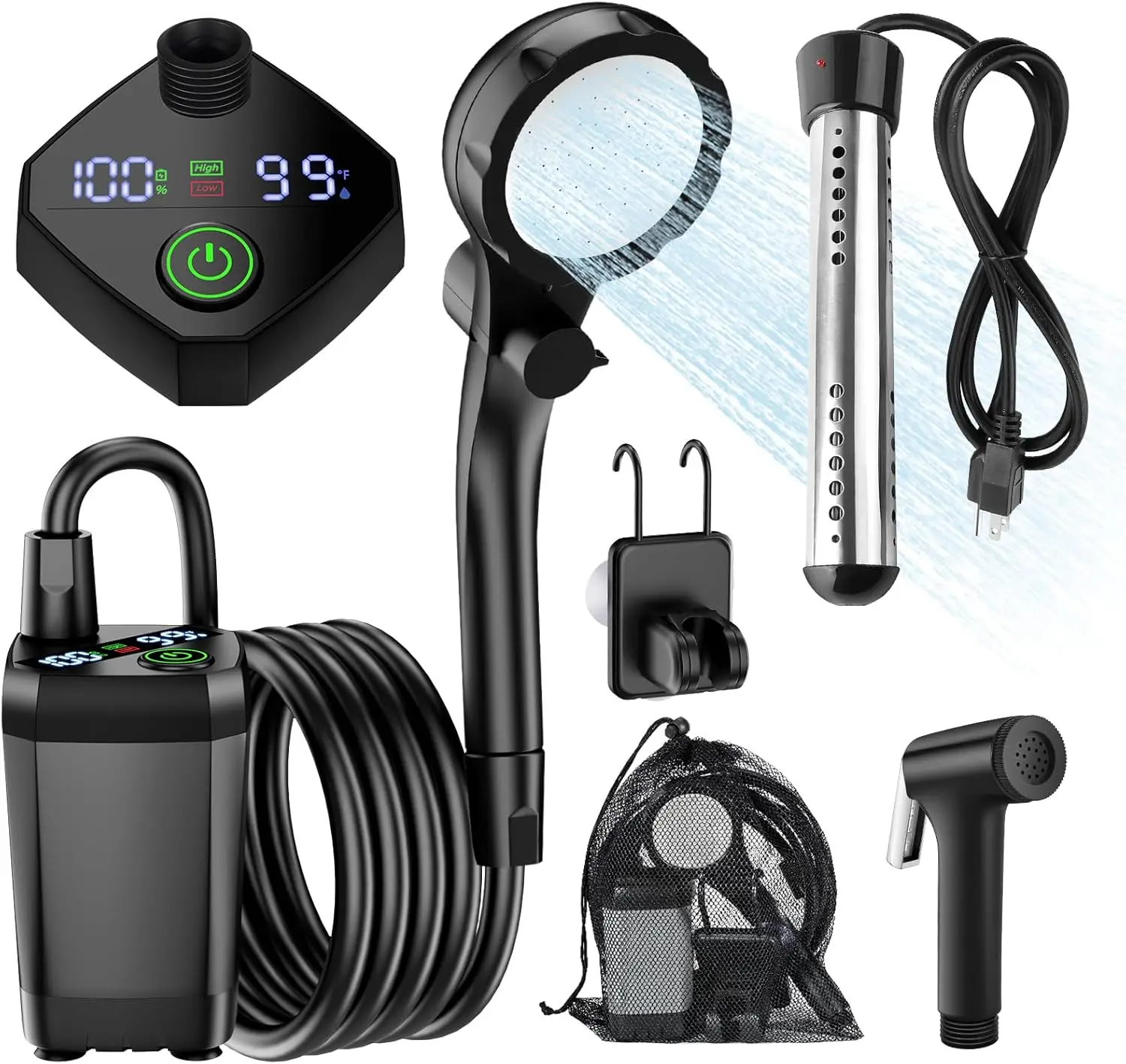 

Portable Camping Shower with Heater 6000mAh Rechargeable Camping Shower with Sprayer Head 4 Spray Modes Outdoor Camp Pump