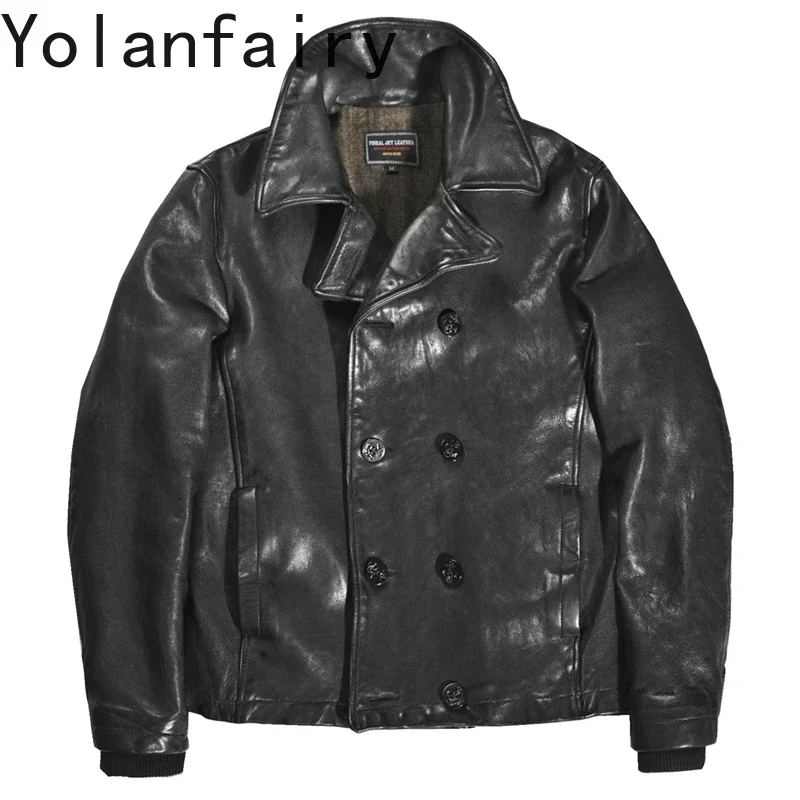 YOLANFAIRY 100% Genuine Leather Jacket Men Vintage Cowhide Water-dyed Sheepskin Leather Coat Slim Double-breasted Top Large Size