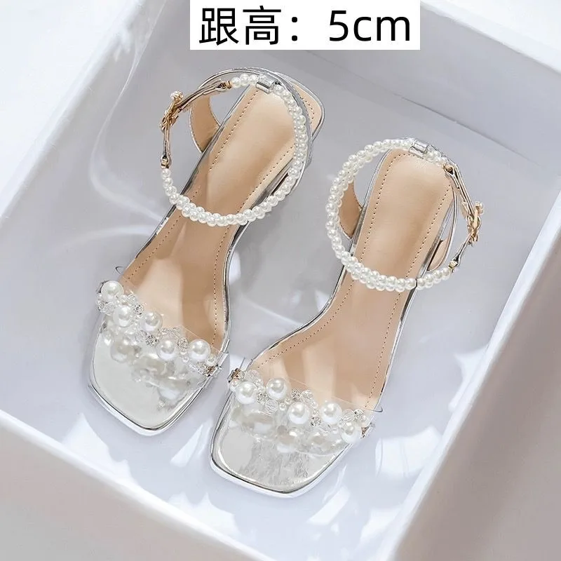 2024 Summer Women\'s Sandals with Bow Pearl Flat Heels Elegant Rhinestone Party Ladies Shoes Plus Size 42 Sandalias Mujer