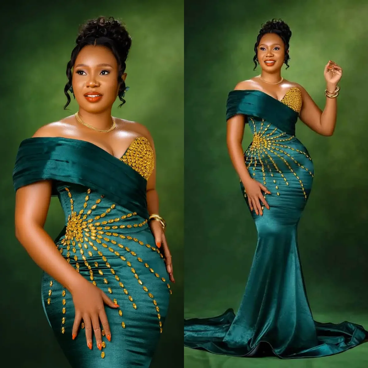 Sexy verde um ombro sereia vestido de noite fora do ombro ouro cristal cetim vestidos de baile africano tamanho grande vestido personalizado