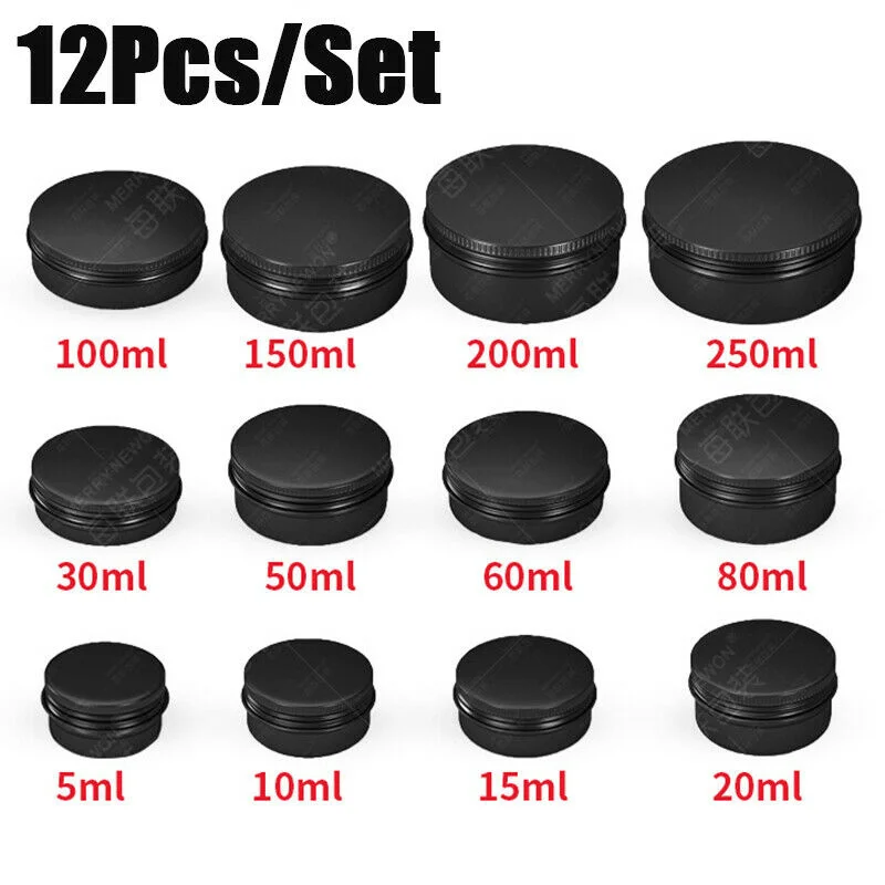 12pcs Mini round Tins 5-150ml Empty Black Aluminum Metal Cans with Screw Top Lids for Jewelry Spice Candle Storage Containers