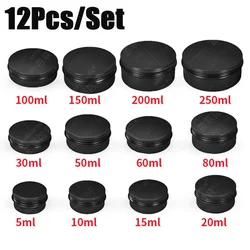 12pcs 5-150ml Small Mini Round Tin Empty Black Box Aluminum Metal Can Jewelry Spice Candle Container Case Screw Top Round Lid