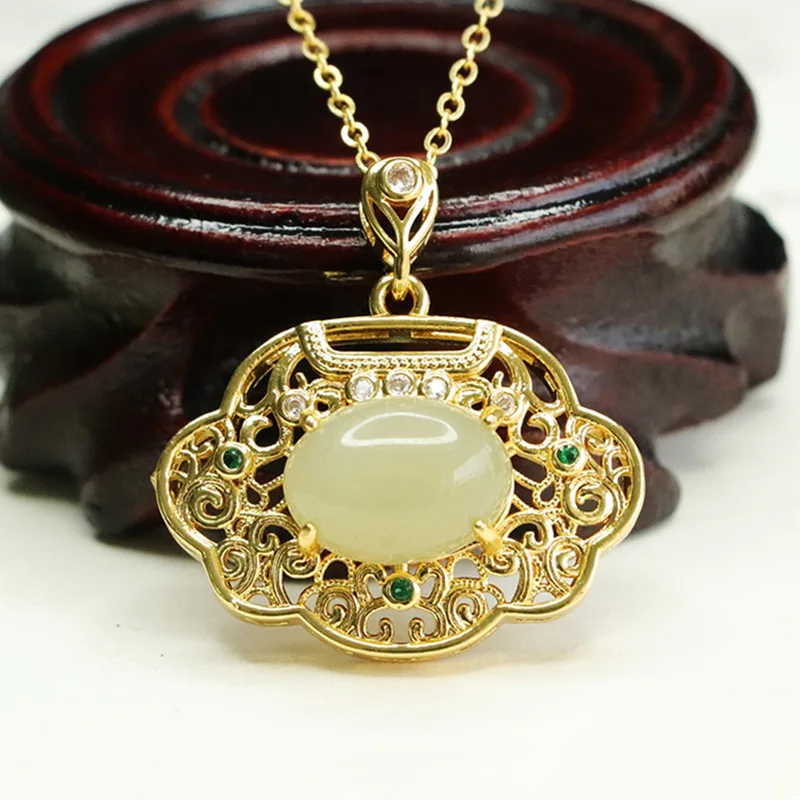 Natural Hetian Jade Pendant Ruyi Lock Necklace Court Jade Jewelry