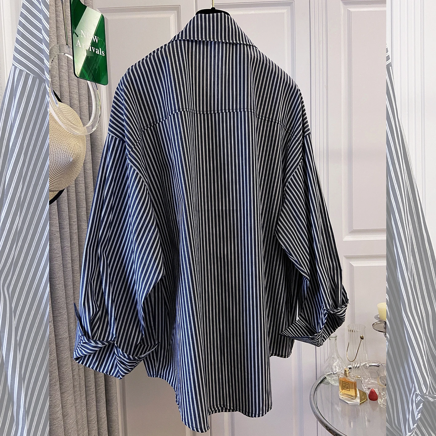 أنيقة الأزرق مخطط Ne irt المرأة فضفاضة عارضة طويلة Sve أوائل الخريف ملابس خارجية حماية من الشمس أعلى الكورية Sle #3