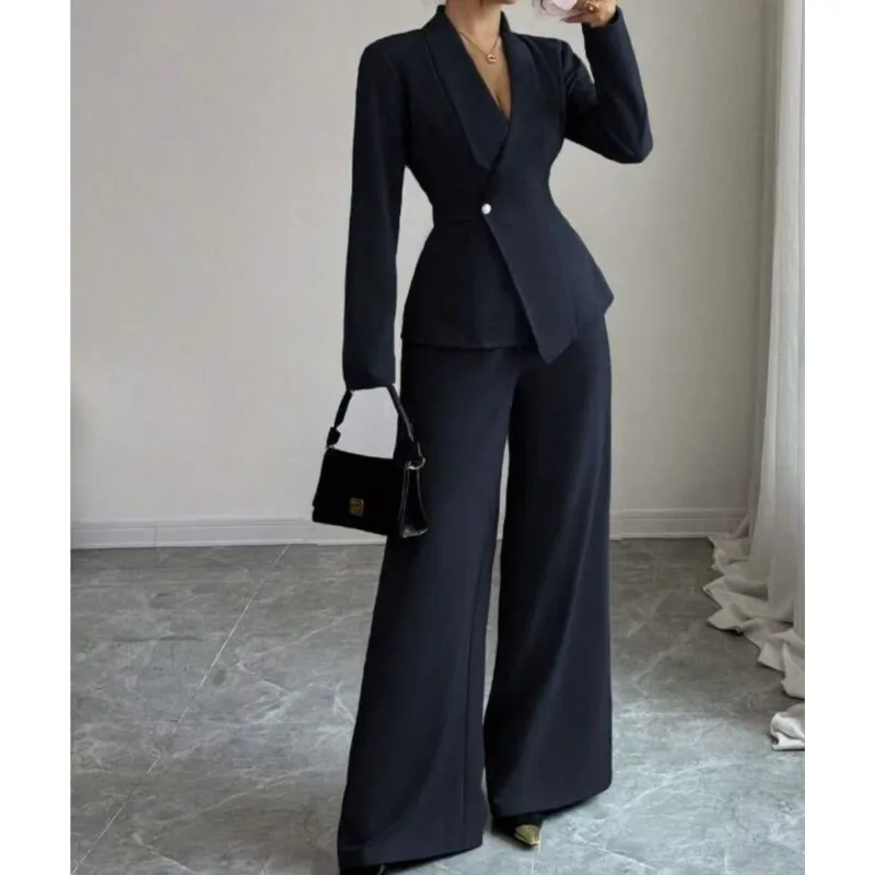 Women Asymmetrical Blazer & Wide Leg Pants 2 Piece Set Single Button Belted Waist Elegant Formal Office Outfit Spring Autumn Set