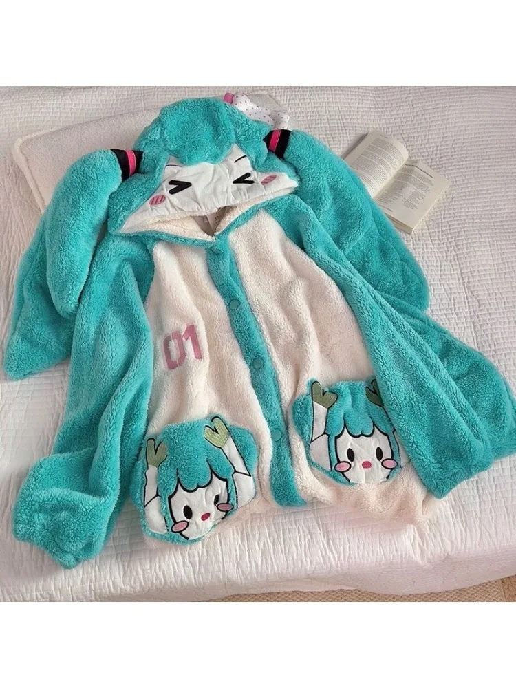 Piżama Hatsune Miku, dwuwymiarowa, anime, kreskówkowa, urocza, zimowa, ciepła, z dodatkowym warstwą z aksamitu, odzież domowa dla dziewcząt, prezent. — 2