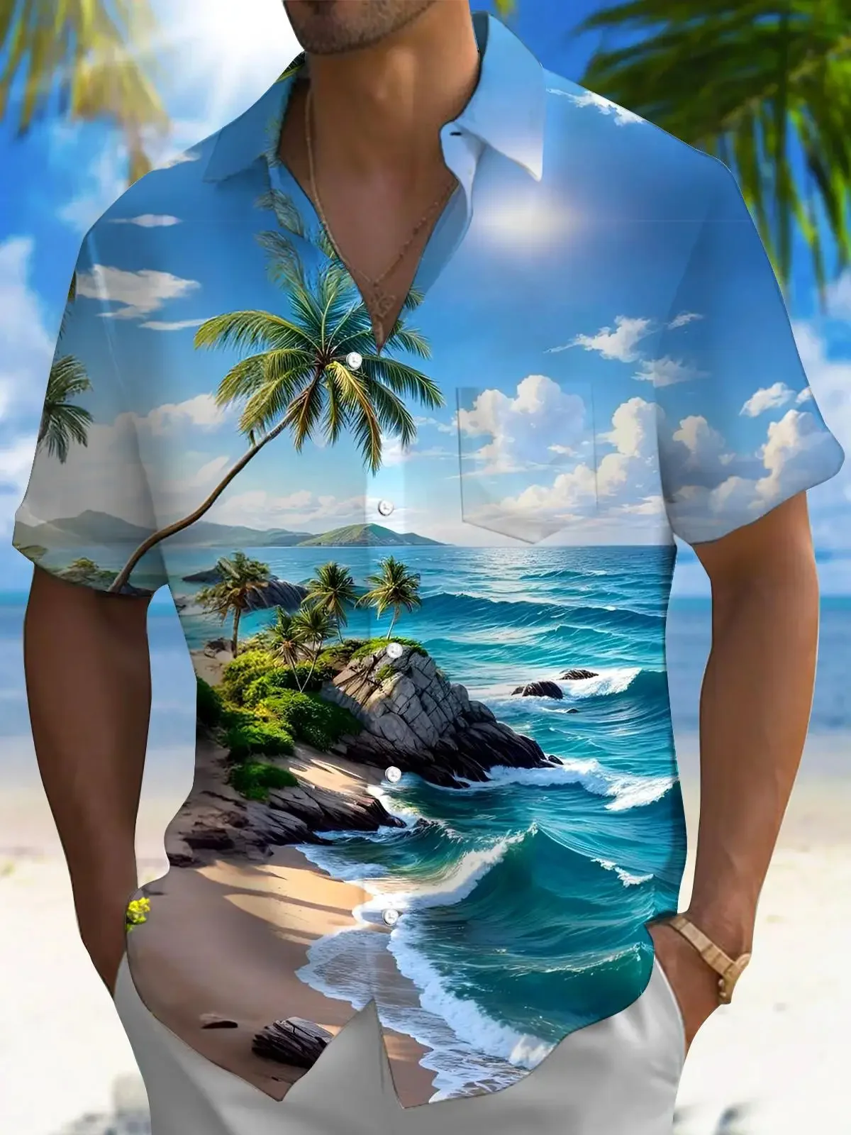 

New Hawaii Spring/Summer Fashion Leisure Street Walk Tourist Beach Printed Full Open Short Sleeve Button Shirt, Quick Shipping