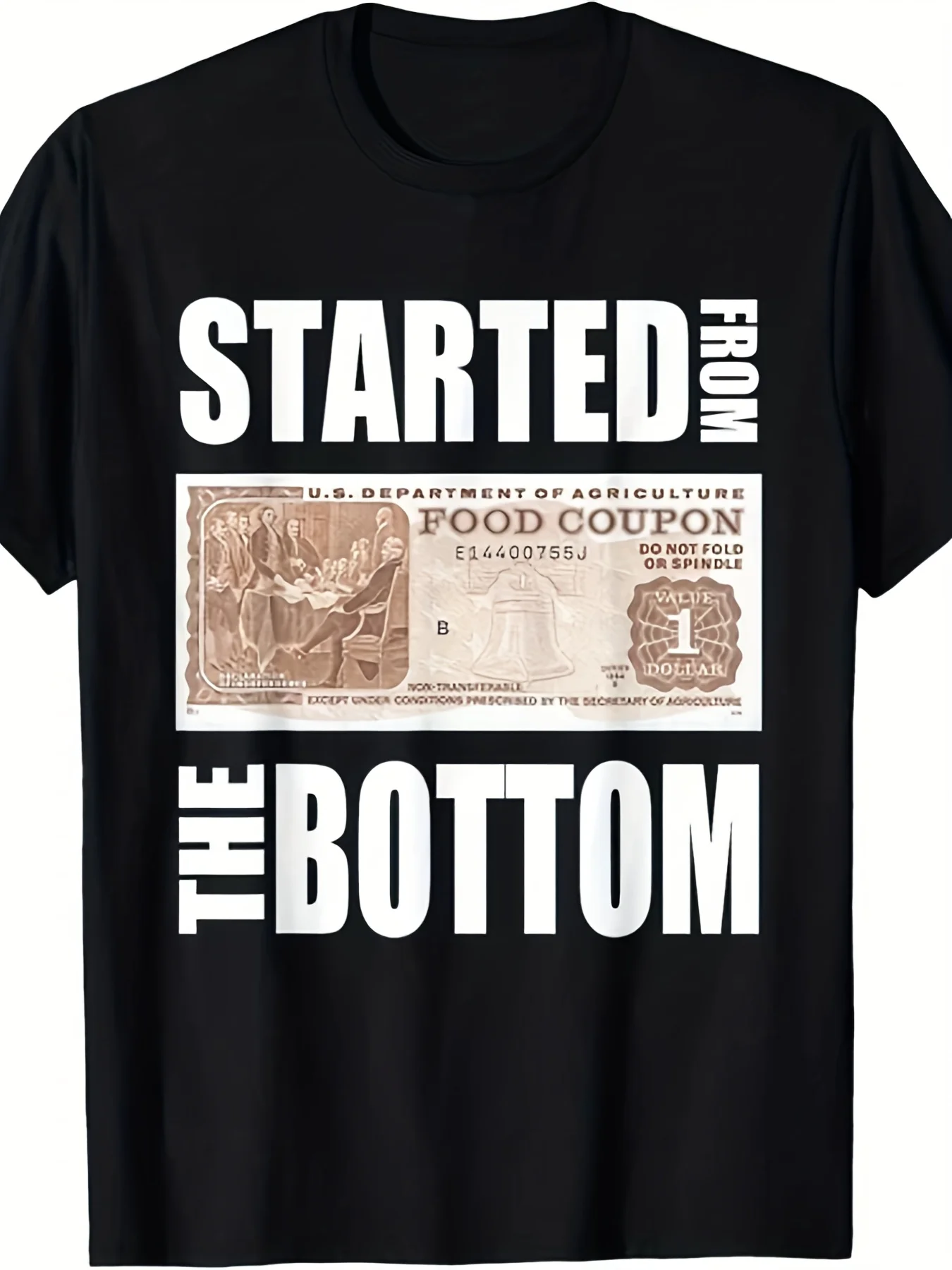 Started From The Bottom Food Stamp Graphic T-Shirt for Men - Vintage USDA Stamp Design, with Print, Comfortable Casual Short Sleeve Round Neck Tee, Humorous Agricultural Apparel for Casual Attire & Foodie Pride