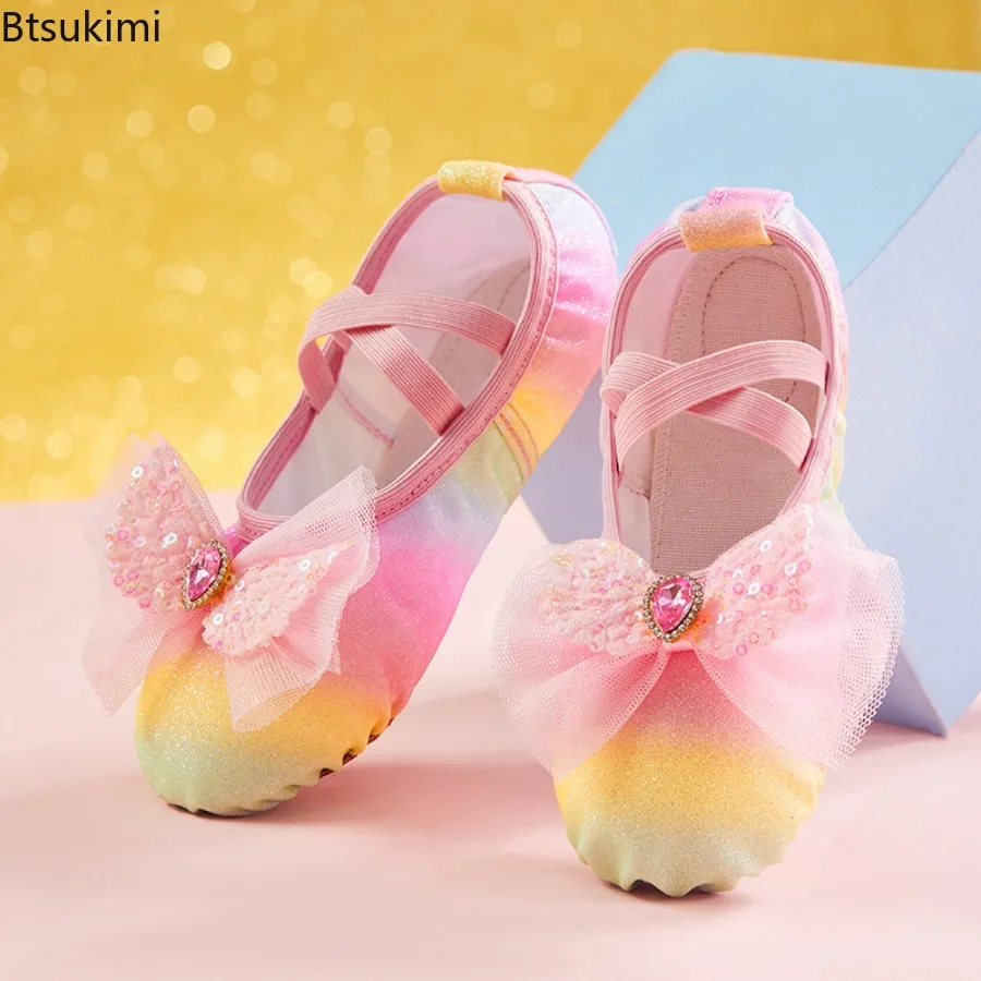 Children's Dance Shoes Girls Ballet Flats Shoes Rainbow Bow Sequins Leather Soft Soled Dance Performance Skate Sport Yoga Shoes