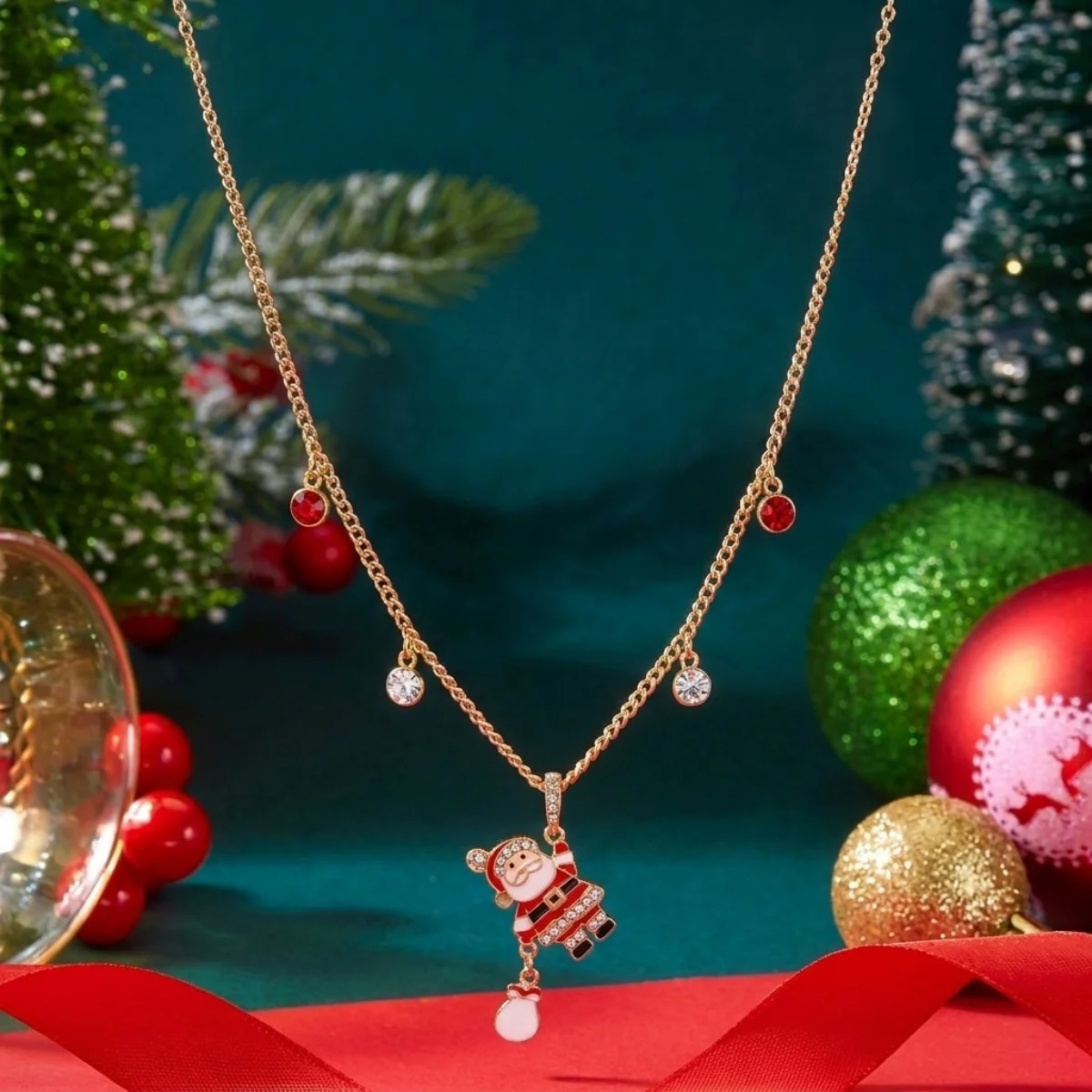Weihnachts-Kletter-Santa-Weihnachtsmann-Geschenkbox-Anhänger-Halskette für Damen und Herren, Emaille-Santa-Weihnachtsmann-Teeservice-Choker, Neujahrsgeschenk-Schmuck – Detail 15