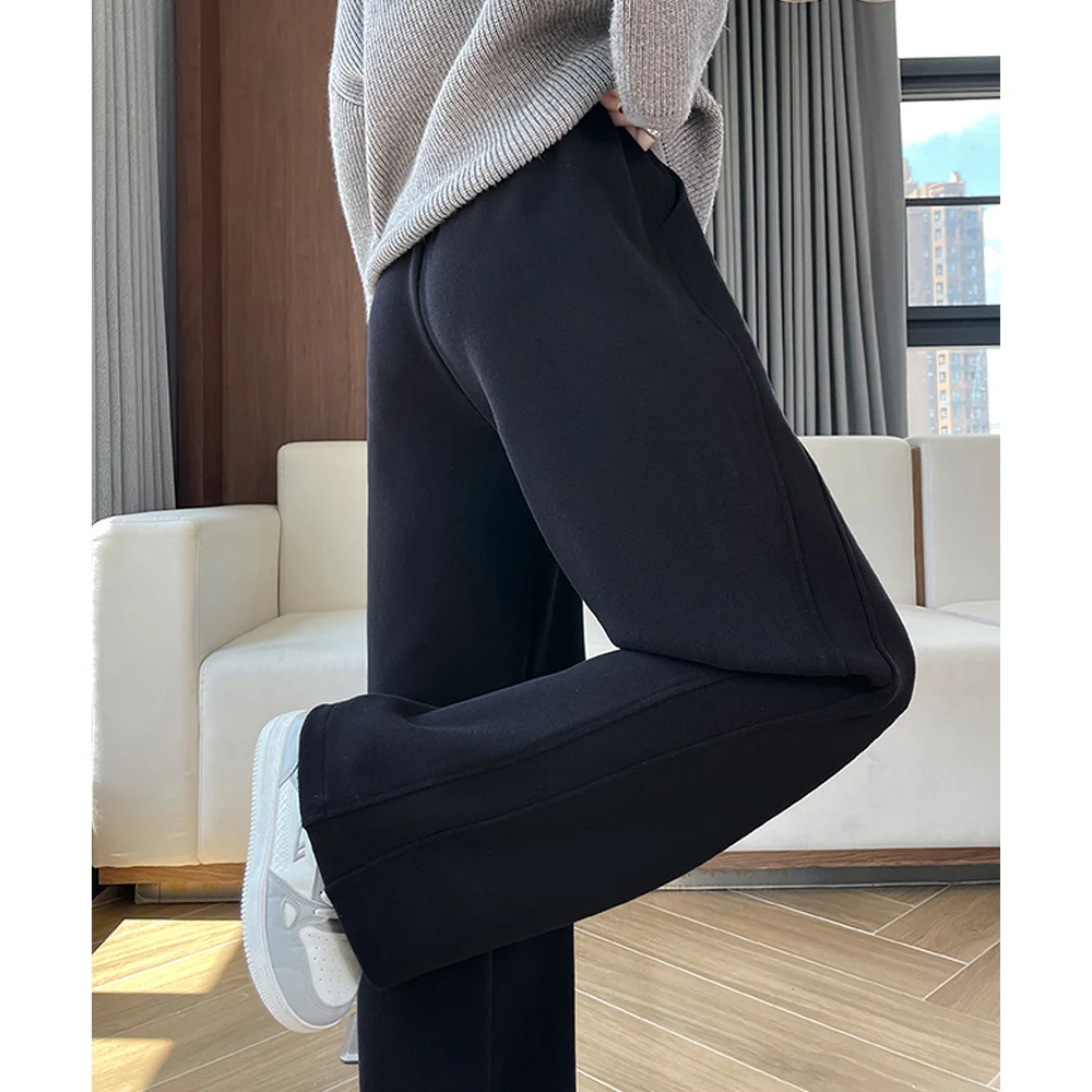 กางเกงขายาวทรงตรงสีแอปริคอทสำหรับผู้หญิง ฤดูใบไม้ร่วงและฤดูหนาว แฟชั่นระดับไฮเอนด์ใหม่ ไซส์พลัส เอวยางยืด สไตล์ลำลอง ขากว้าง