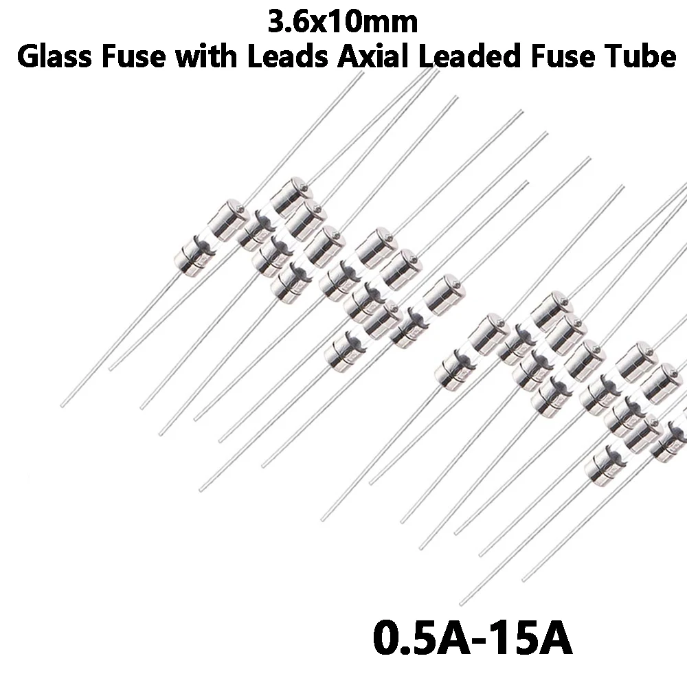 100PCS/lot 3.6x10mm 0.5A-15A AMP Glass Fuse with Leads Axial Leaded Fuse Tube for PCB Circuit Board Electronics Protection 3A