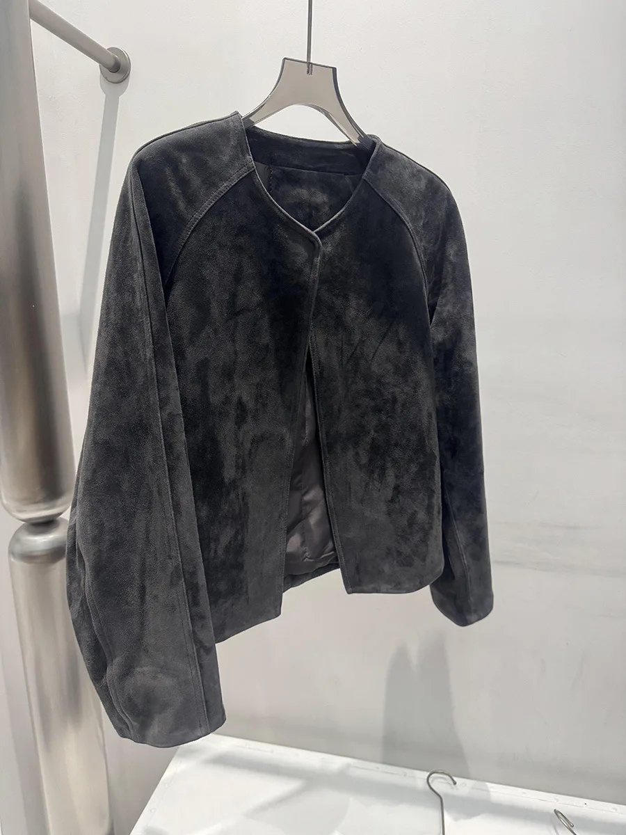 Herfst/winter minimalistische vintage geitenleer suède leren jas met ronde hals voor dames