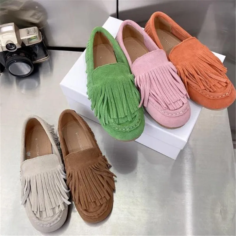 Women\'s Shoes Genuine Leather Flats Moccasins Oxford Mother Girls Slip On Casual  Suede tassel flats 35 40