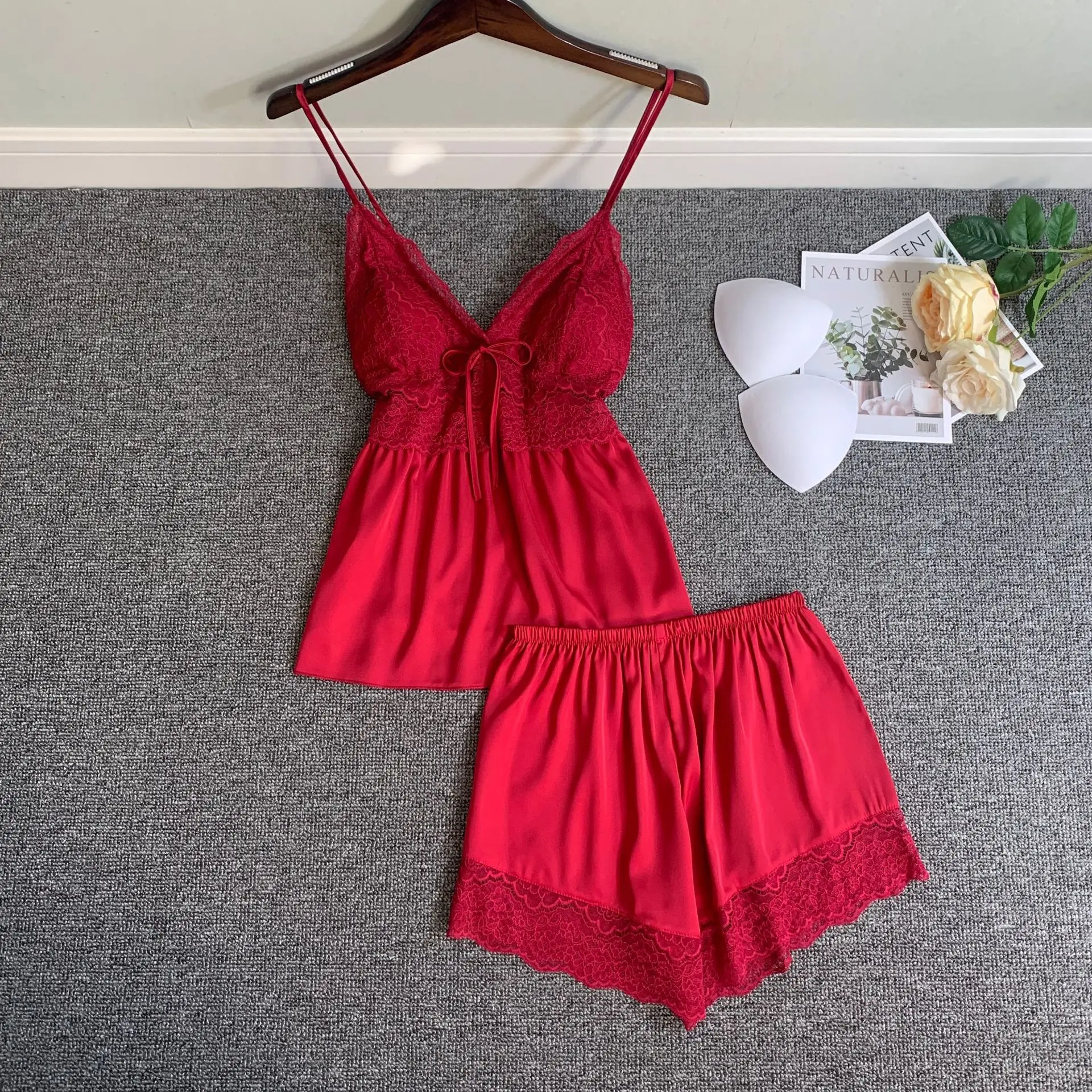 Women Pajamas Suit With Bow Sexy Lace Strap Top&Shorts Summer Sleeveless 2PCS Sleepwear Female Sleep Set Casual Home Clothes