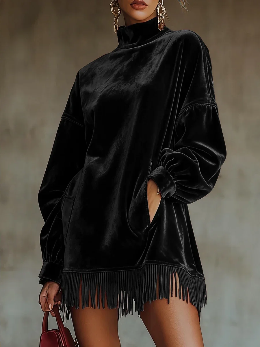 Women Velvet Tassel Hem Mini Dress Pockets Turtleneck Loose Chic Lantern Sleeve Solid Casual Elegant Autumn Vintage Dress