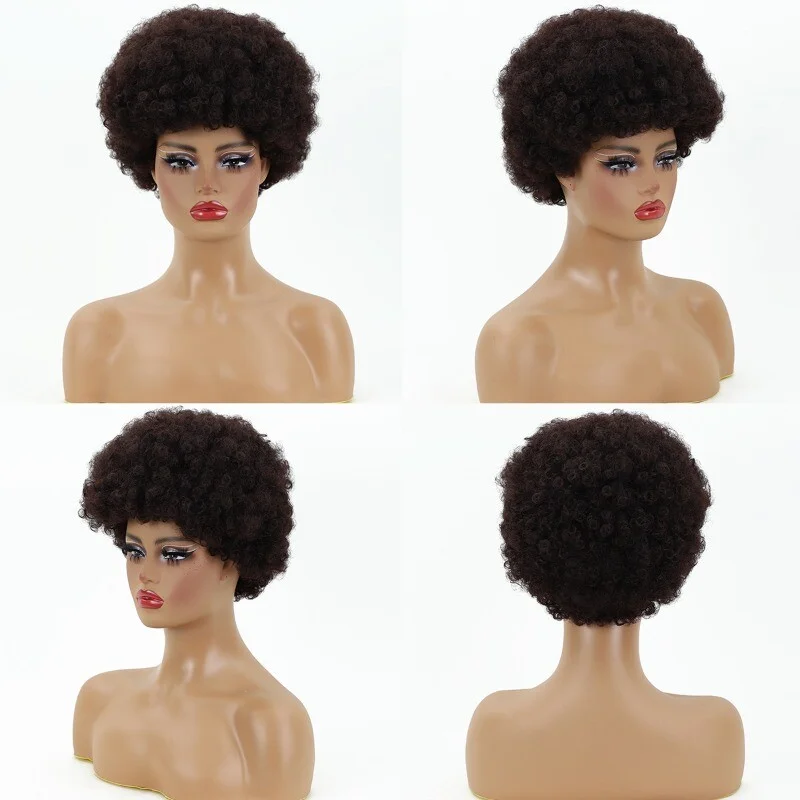 

Женский парик из натуральных коротких пушистых волос, женский темно-коричневый вьющийся волнистый полный парик