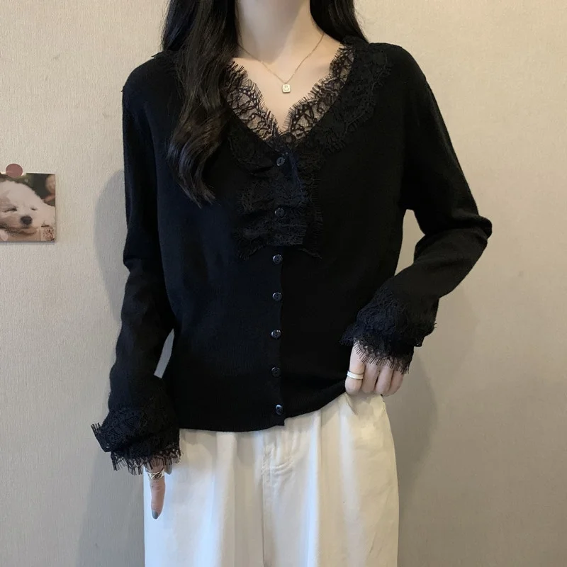 

plus Size Women's Lace Splice Design Korean Sle Knitted Sweater Autumn Winter New Sle Slimming Top Versatile Long Sve ...