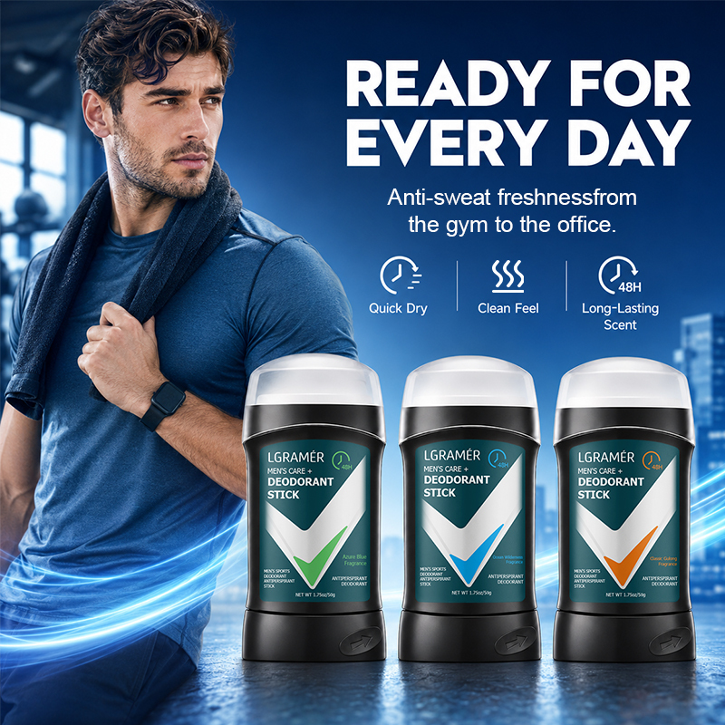 LGRAMER Men Solid Deodorant Stick 48‑Hour Long Lasting Fragrance Anti Sweat Body Odor Control Portable Underarm Care for Male