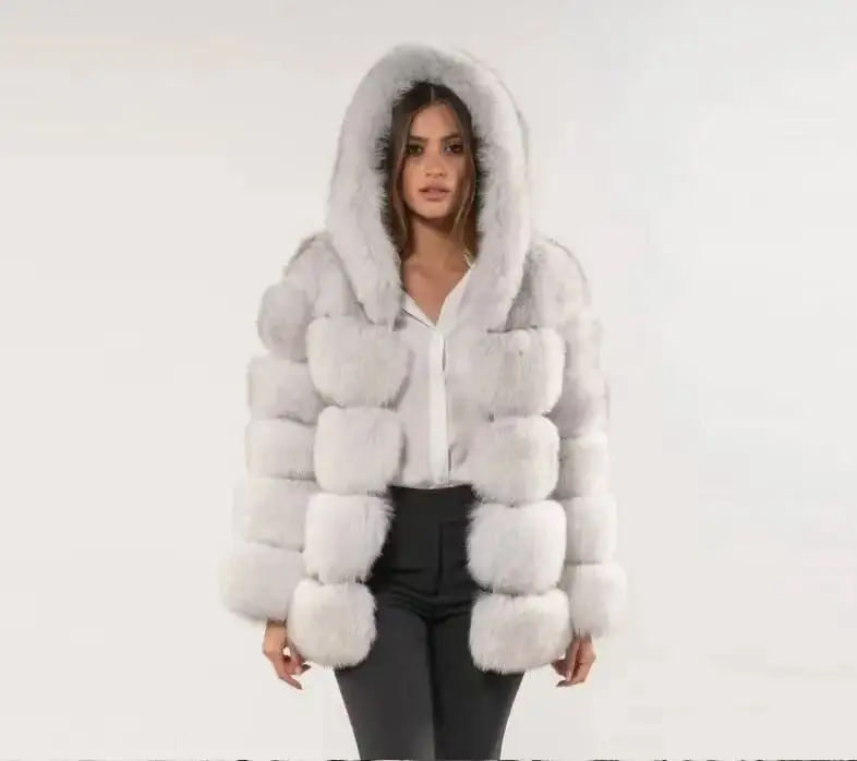 2026 Winter Women's Faux Fox Solid Fluffy Hooded Artificial Jacket For Lady Comfortable Plaid Female's Fake Fur Outwear