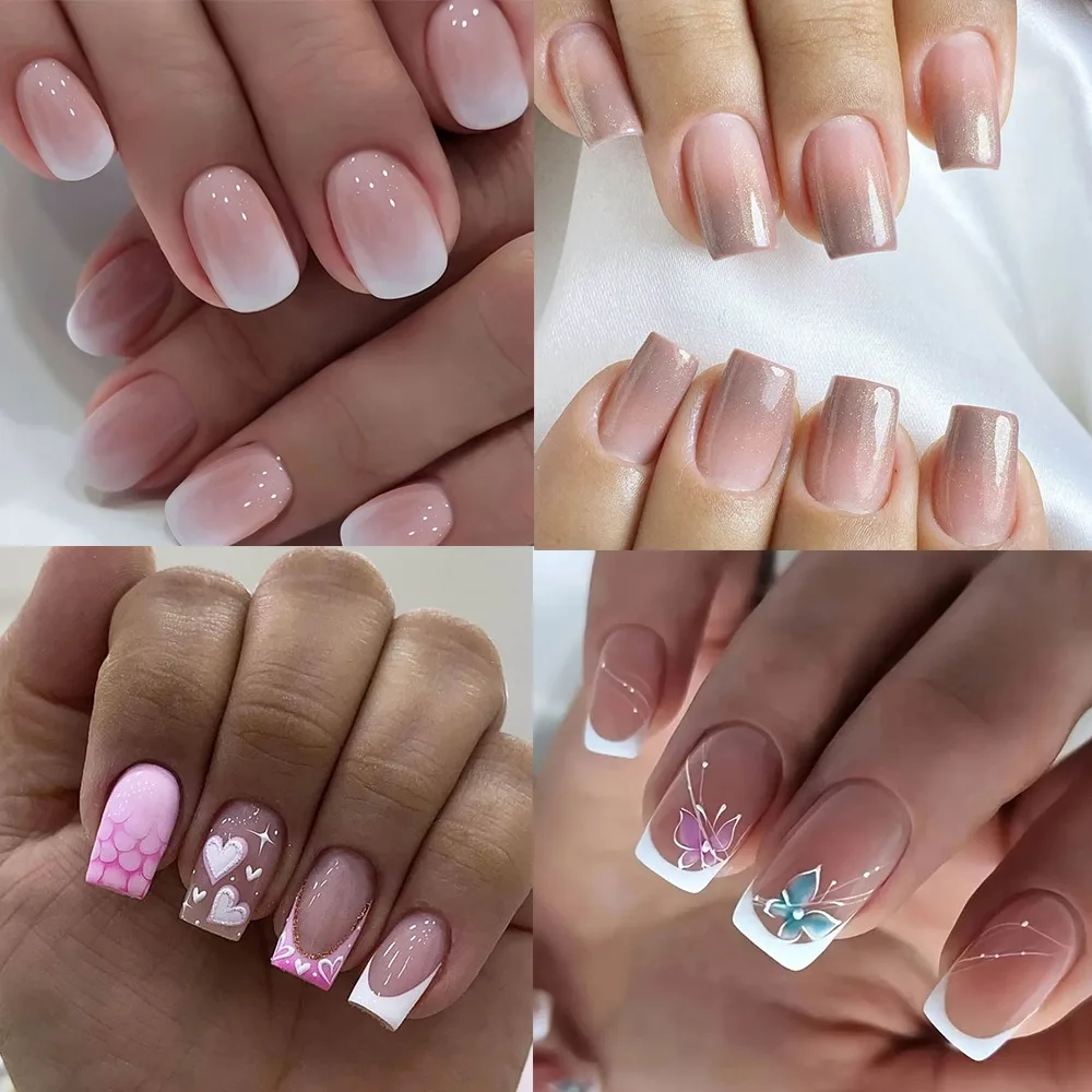 Destacável wearable manicure francês unhas falsas flash cor nude gradiente imprensa em unhas cobertura completa cabeça quadrada unhas falsas feminino