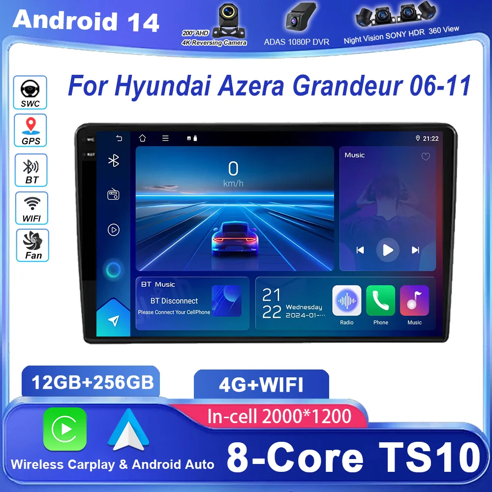 

Car Android 14 Radio Stereo For Hyundai Azera Grandeur 06-11 Auto Multimedia Video Player GPS Navigation Bluetooth QLED Screen