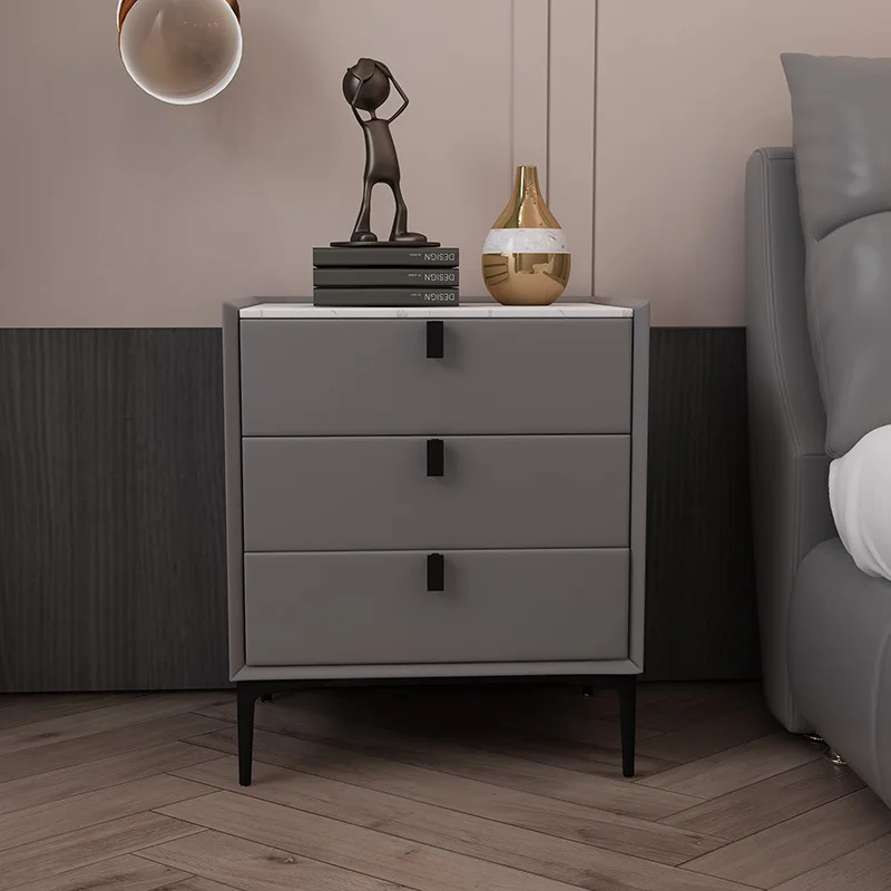 Modern Style Faux Leather Bedside Tables Solid Wood Bedroom Nightstands with 3 Drawers Rock Surface Side Cabinet