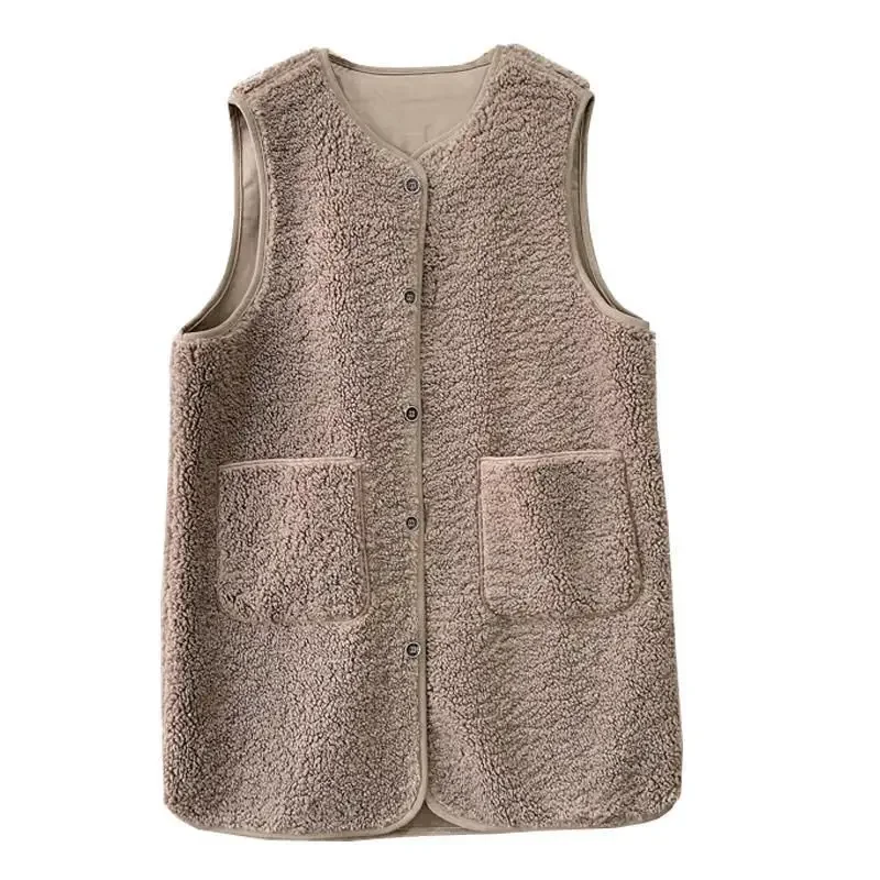 

Womens Vest Waistcoats Elegant Sleeveless Chic Women Winter Single-breasted Casual Lambswool All-match Pockets New Stylish Warm