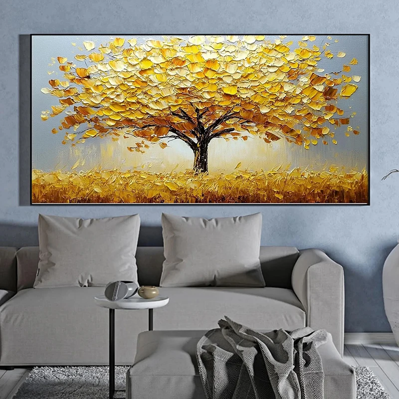 Pintura al óleo de árbol de hojas doradas florecientes sobre lienzo, arte de pared, póster abstracto grande de árbol de la vida, impresiones, imagen, decoración moderna