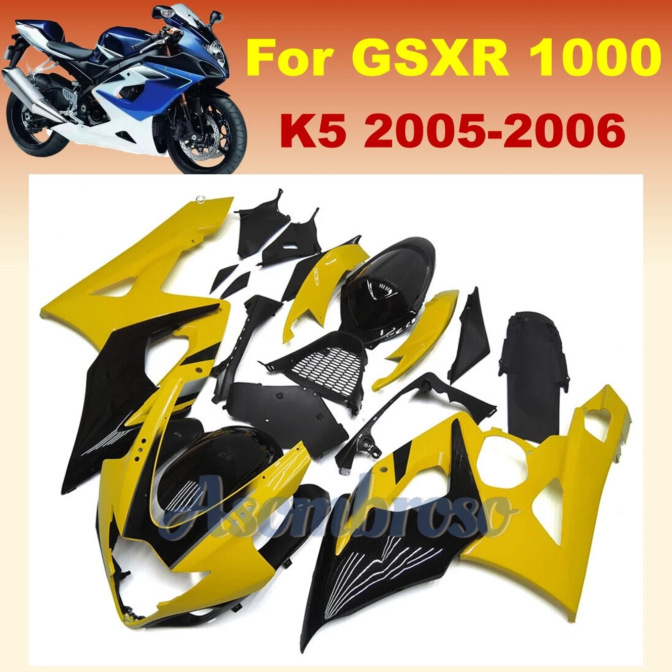 Yellow Black Fairings For GSXR1000  2005 2006 GSX-R1000 K5 05 06  ABS Injection Plastics  Bodywork set