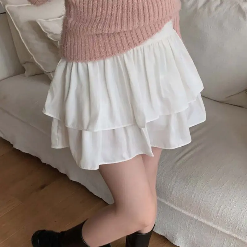 Gonna a pieghe dolce chic a vita alta con orlo in pizzo Pantaloni Se incorporati Anti-luce ort A-Line Colore puro Dimagrante versatile