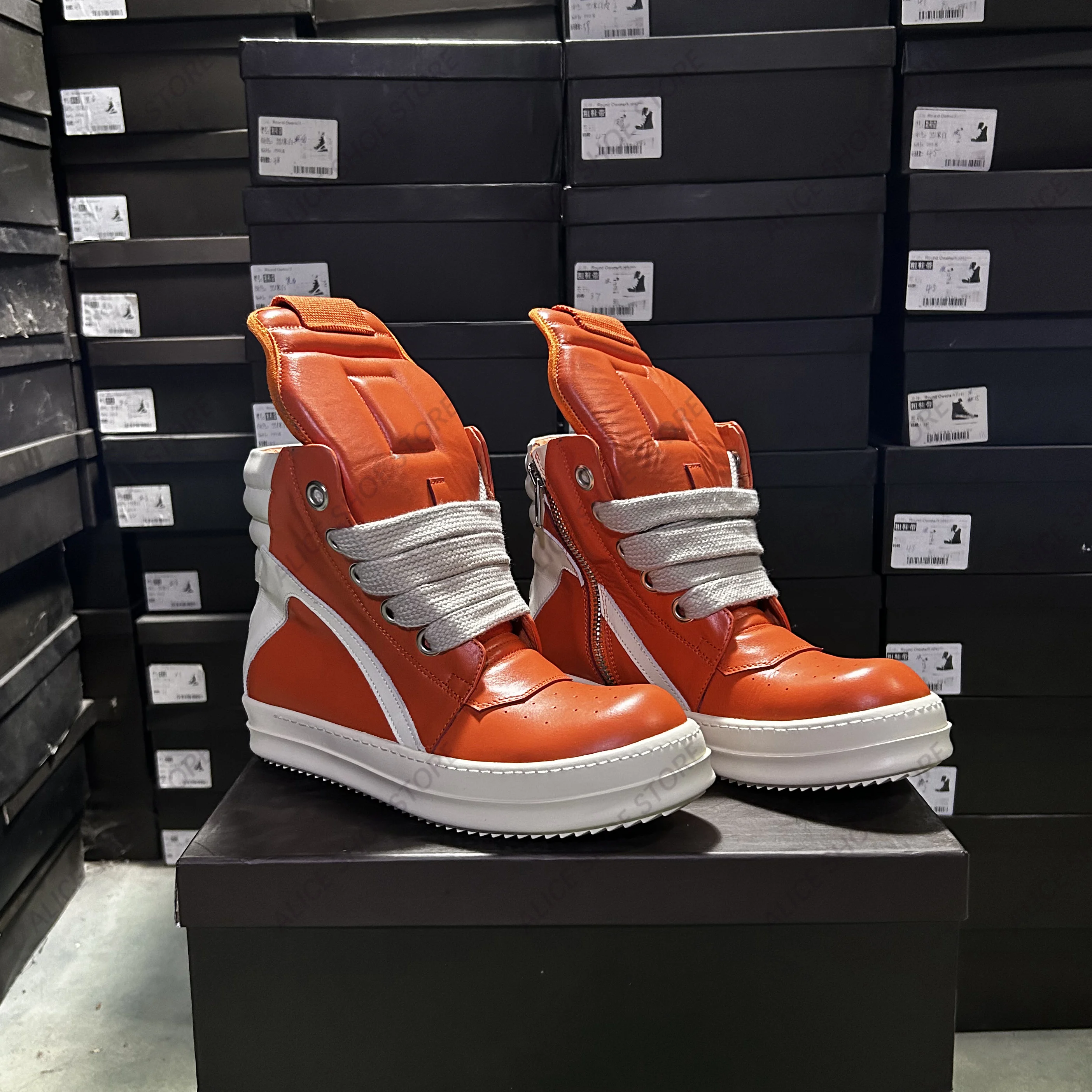 Ricks casual masculino tornozelo bota alta superior feminino tênis de qualidade designer laranja couro owens jumbo rendas rua plana sapato de sola grossa