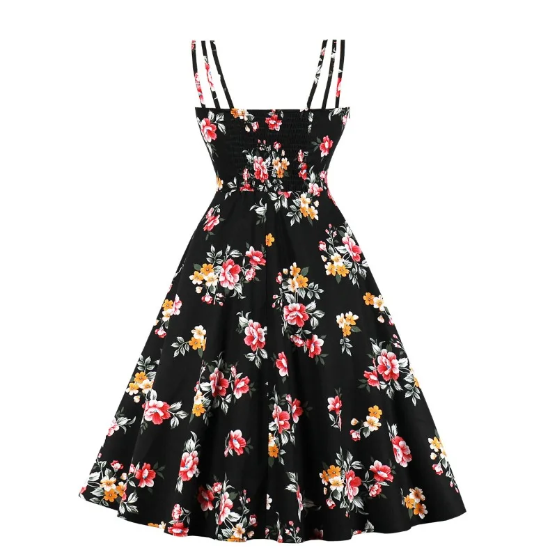 2024 New Bow Front A Line Vintage Elegant Floral Party Cami Dress Women Summer Spaghetti Strap Shirred Back Cotton Retro Dresses