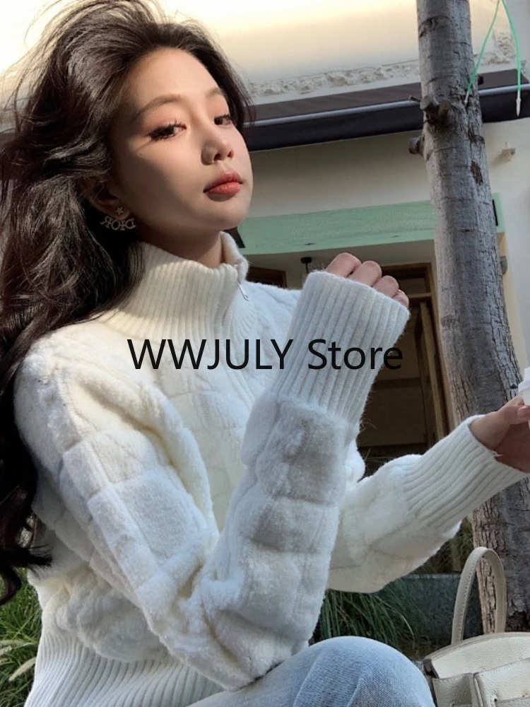 White Turtleneck Slim Elegant Zipper Sweaters Korean Chic Simple Y2k Aesthetic Women\'s Coats Fashion All Match Knitted Cardigan