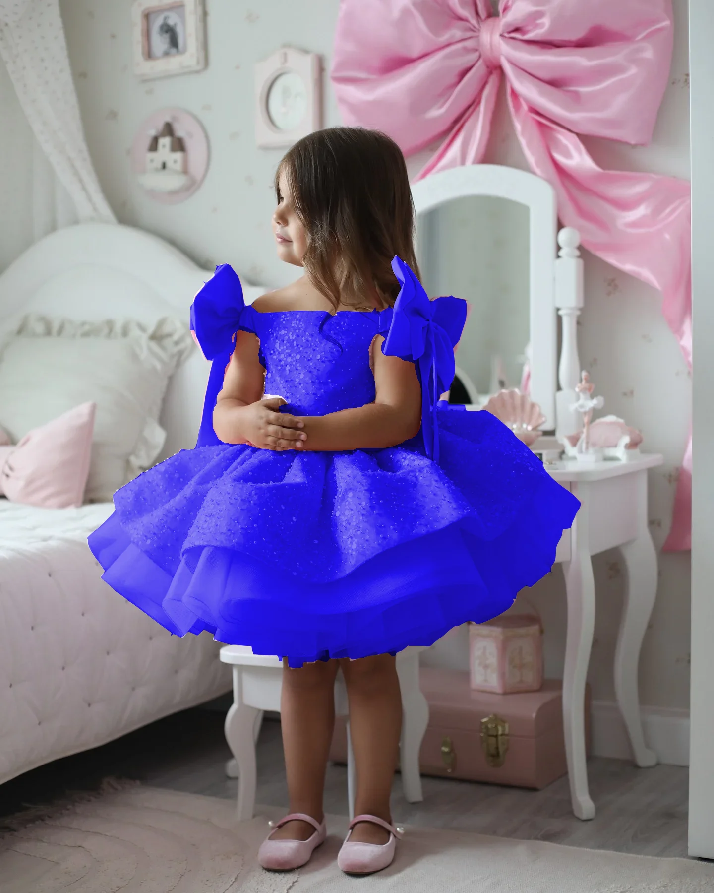 Girl Dresses Royal Blue Bow Sequins Tutu First Communion Birthday Ball Formal Event Evening Custom Princess Costumes