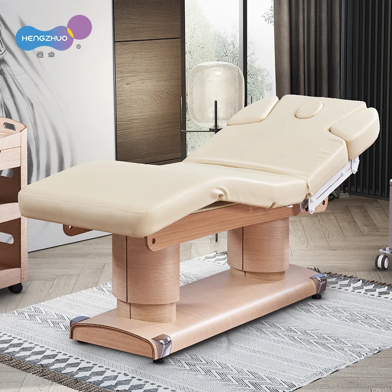 Modern Design 4 Motors Wooden Grain Base Electric Lifting Massage Table Master Spa Bed with Adjustment Armrest for Beauty Salon