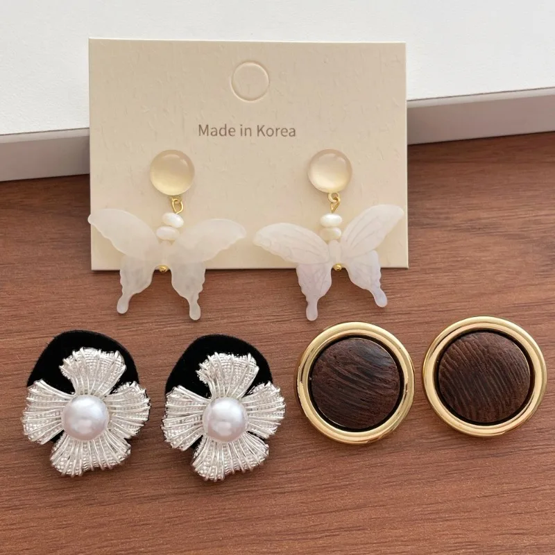 Minar Fairy 3 Styles White Fritillary Butterfly Faux Pearl Flower Round Wood Button Drop Earrings for Women Anniversary Gift
