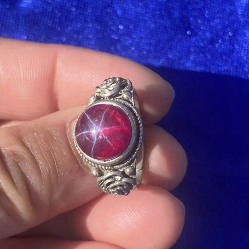 Vintage Curio Solid Silver Cloisonne Ring, Inlaid Red Star Gemstone Adjustable Open Band Fashion Retro Finger Jewelry