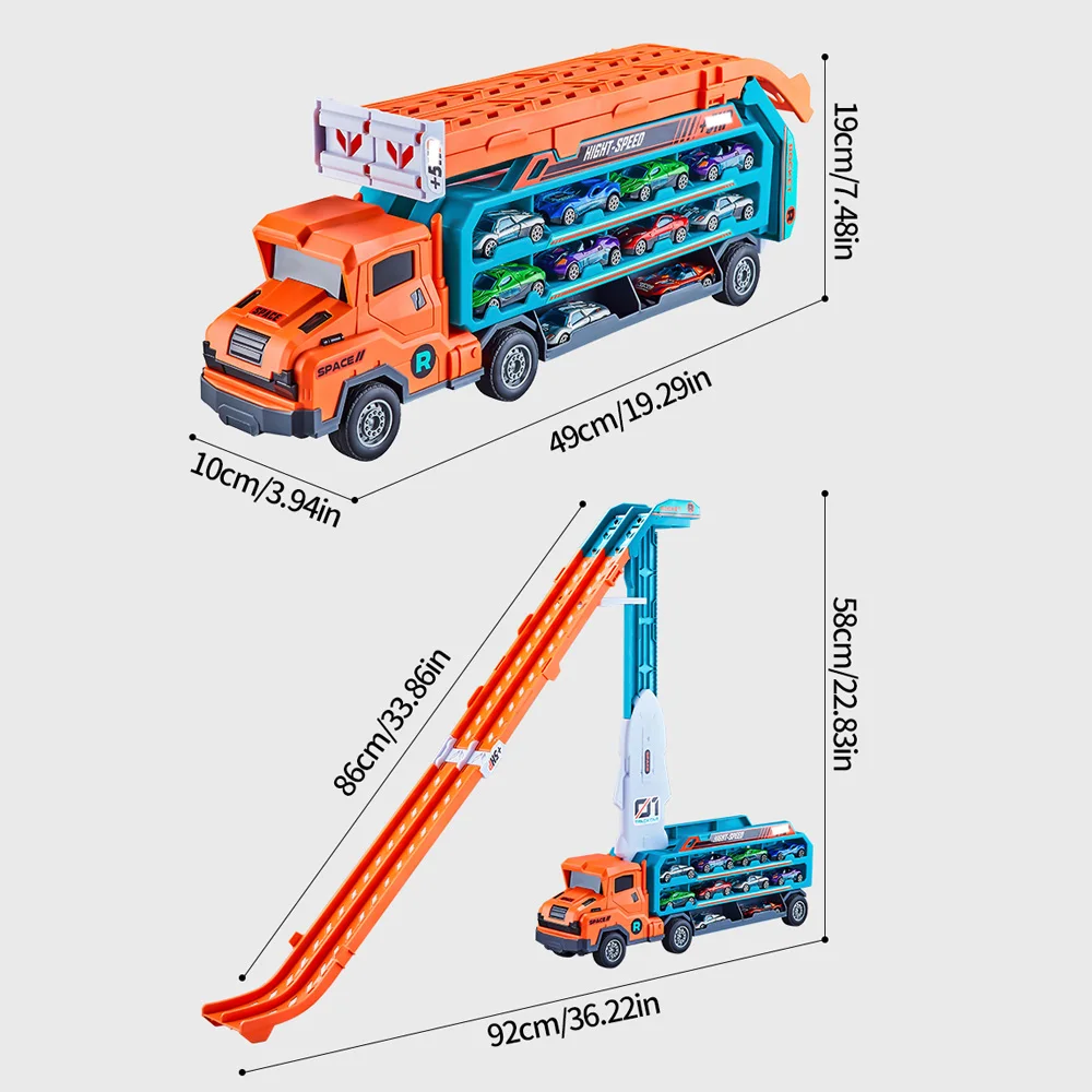 Multi functional Rail Car Toy Set - Includes 6 toy cars, roller coaster type track design, transformable truck