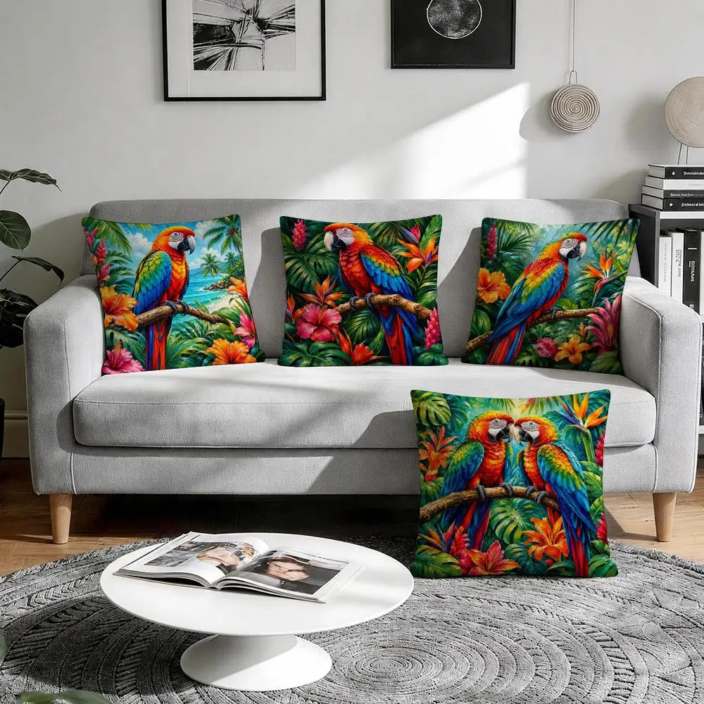 Tropical Parrot Colorful Jungle Floral Cushion Cover Natural Breathable Durable Linen Printed Decor Pillow Case Sofa Bedroom